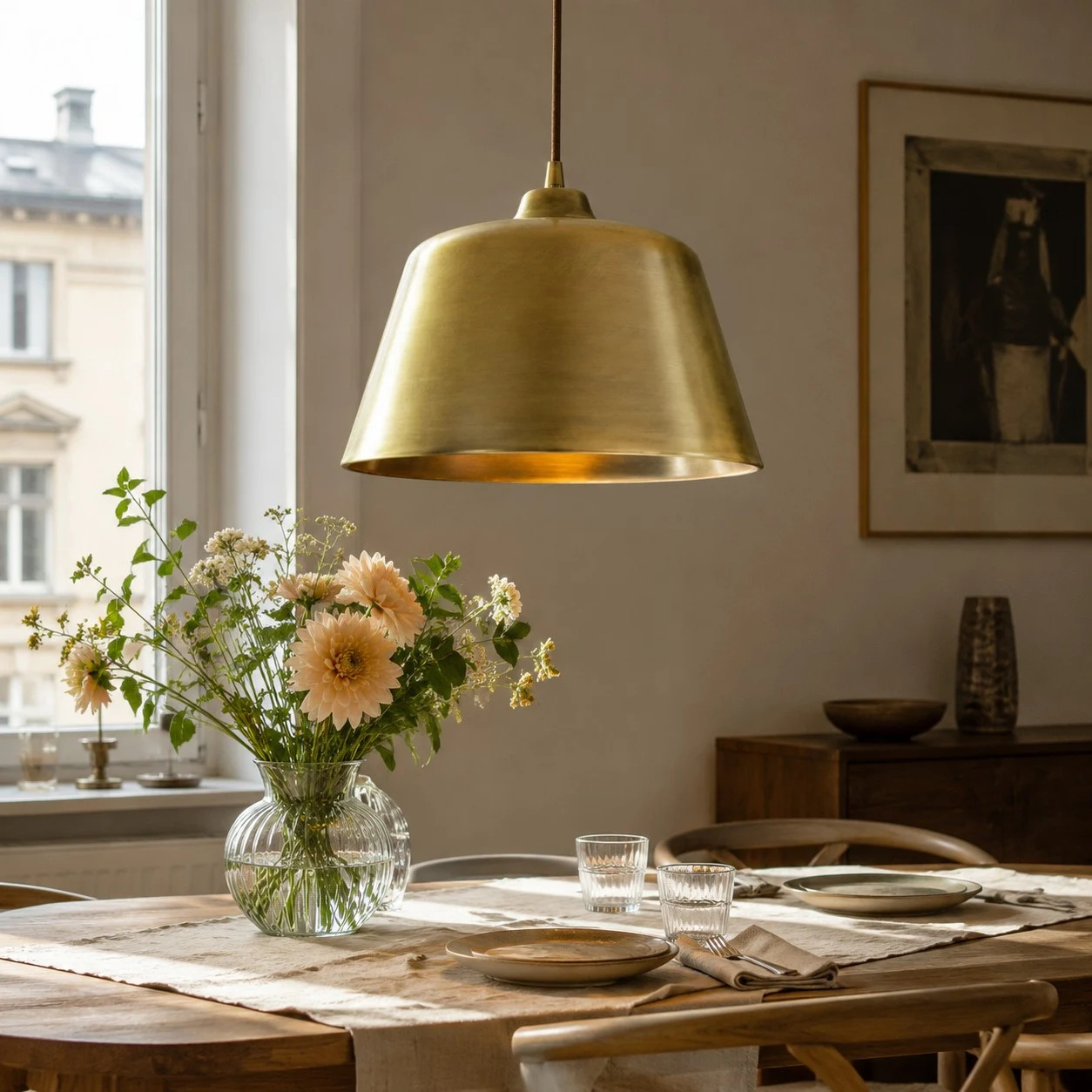 Bright brass pendant lamp above a dining table