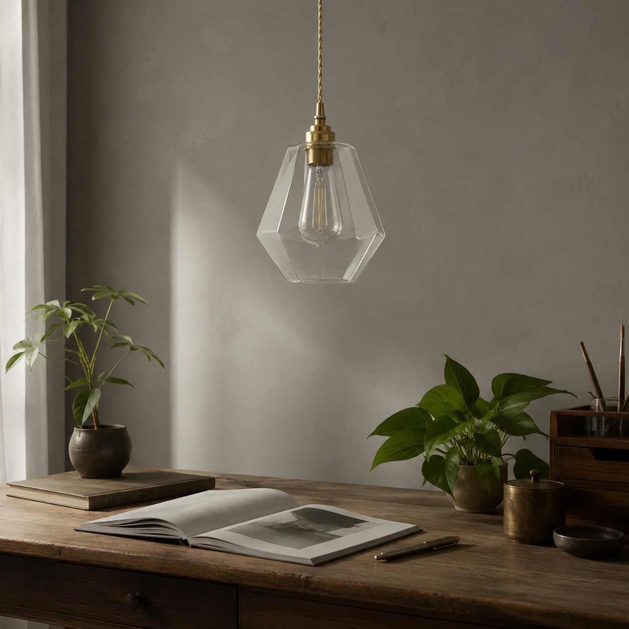 Clear faceted glass pendant light above a wooden desk