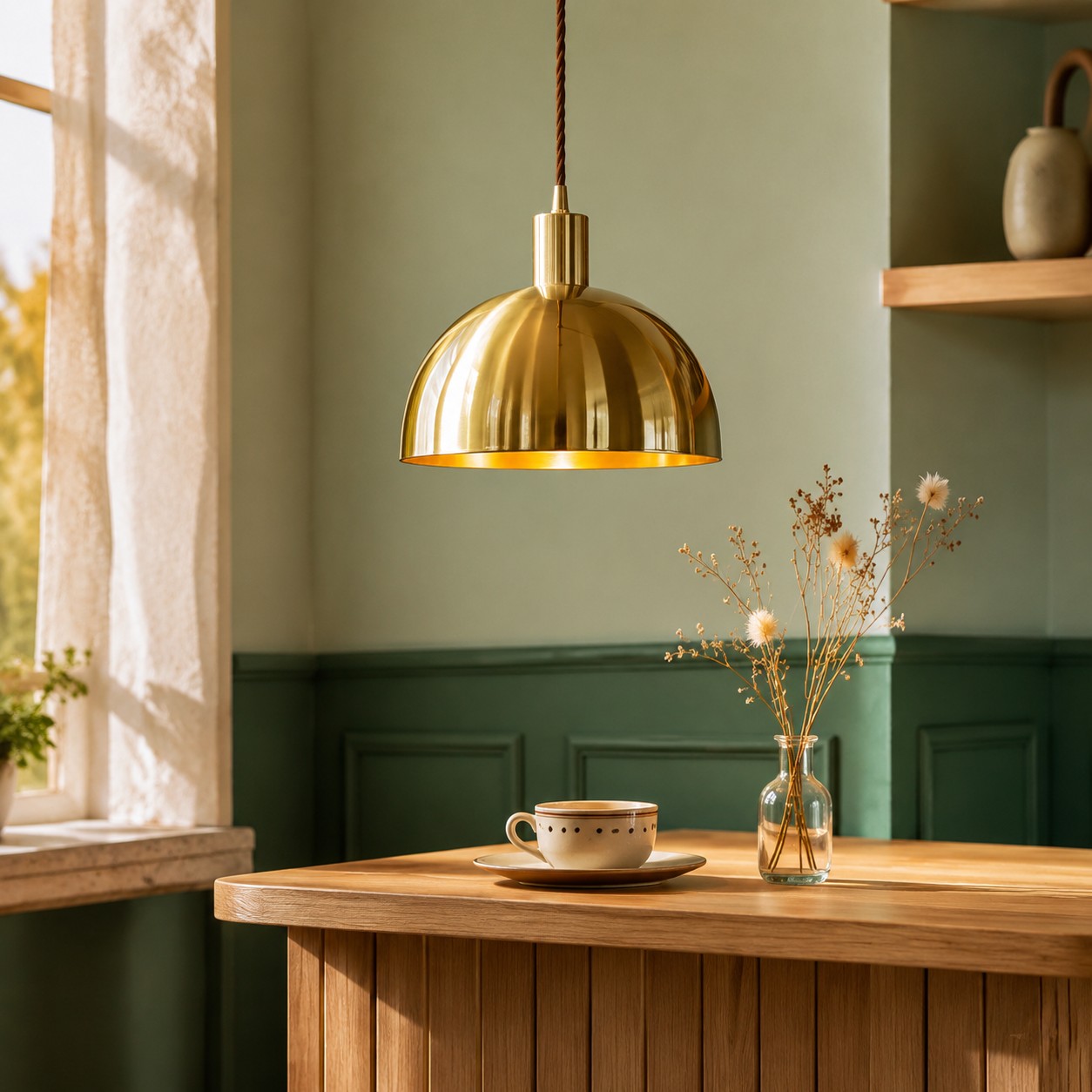 Brushed brass half dome pendant light against a green wall