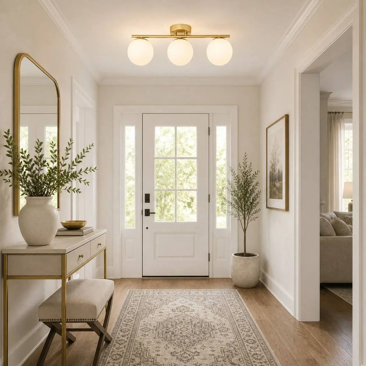 Gold milk glass ceiling light in a modern entryway