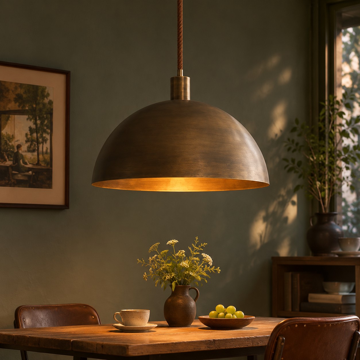Aged matte brass dome pendant light in a calm room