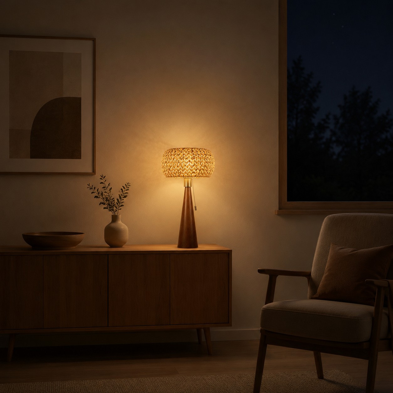 Natural woven table lamp in a calm interior corner