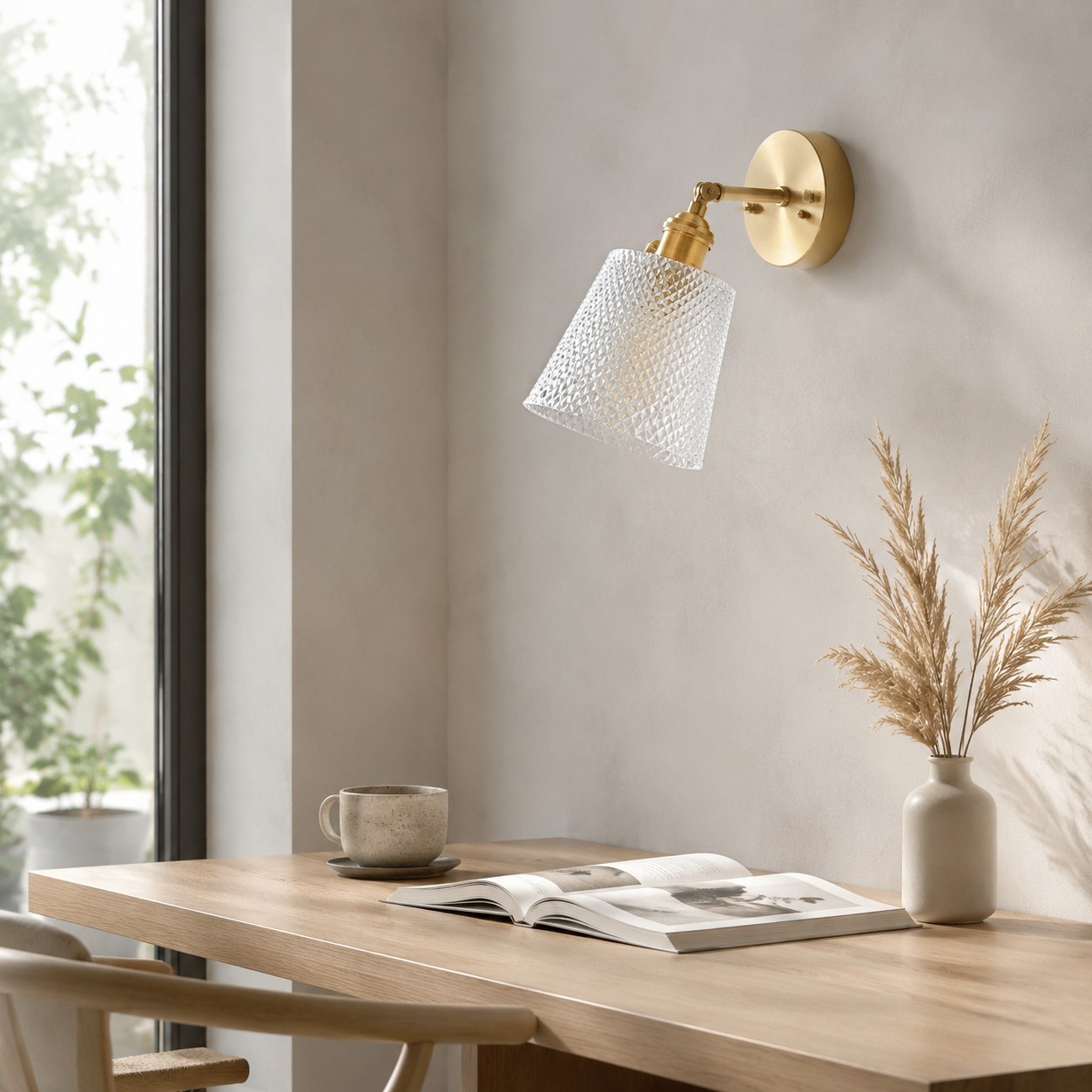 Brass and clear glass wall light beside a warm bedroom setting