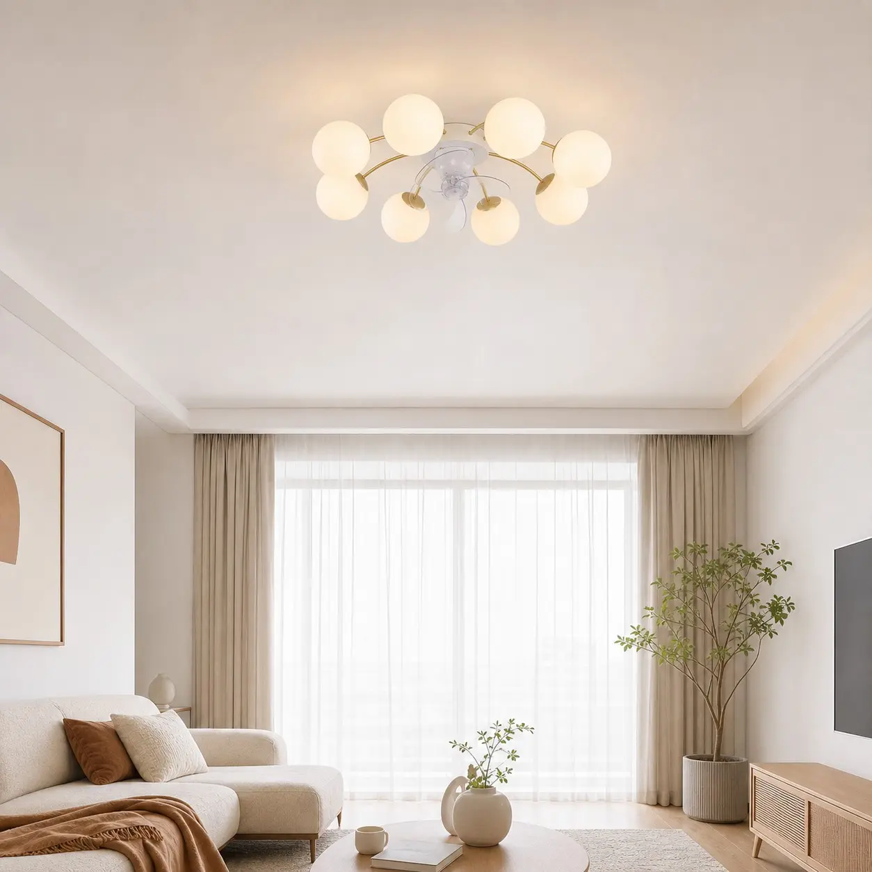 White and gold ceiling fan light in a modern living room