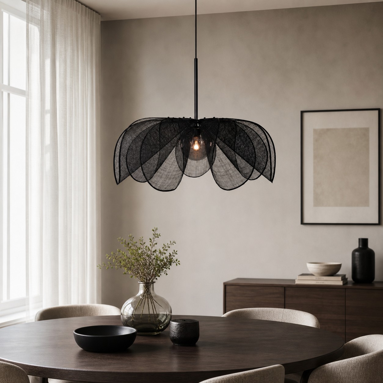 Black pendant light dining room scene