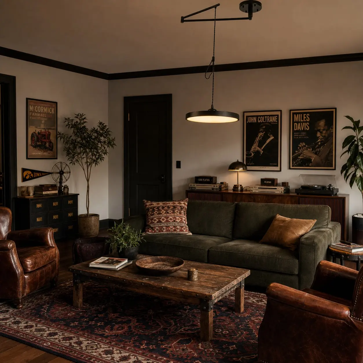 Black movable pendant light in a dark classic living room