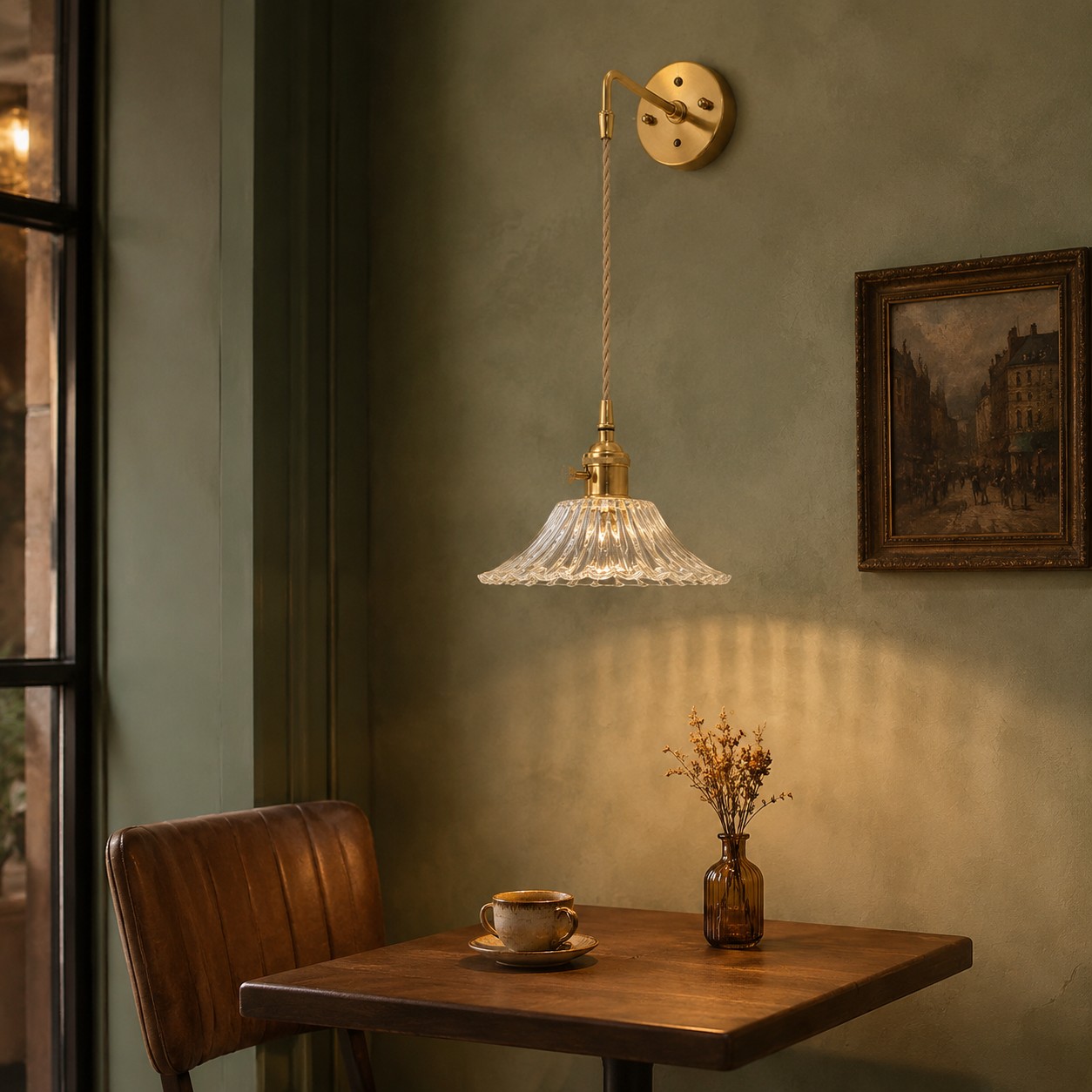 Brass and clear glass wall light in a calm living room corner