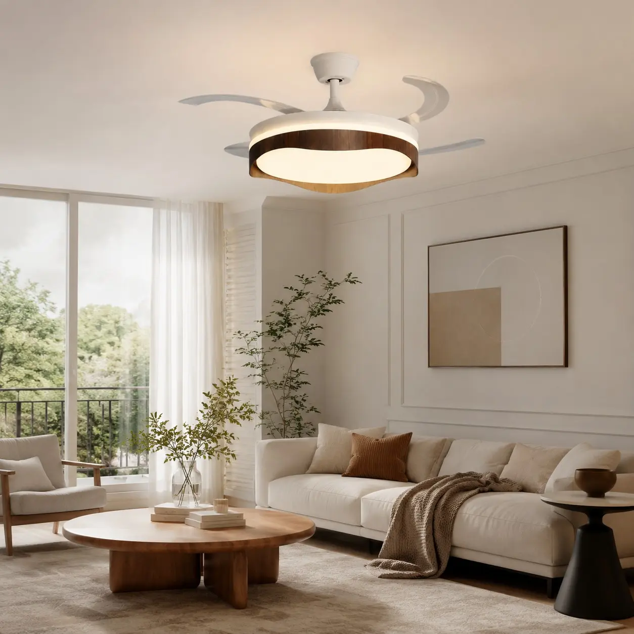 Ceiling fan light installed in a bright living room