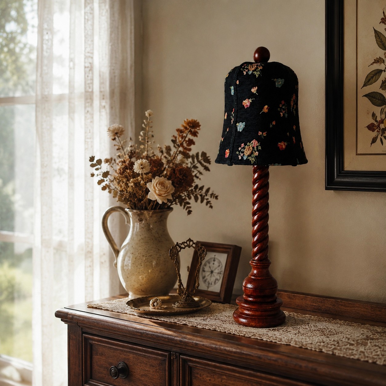 floral fabric and carved wood table lamp