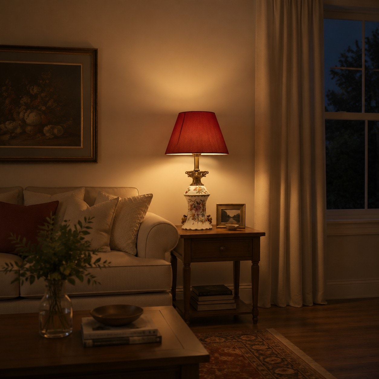 Red table lamp beside a sofa at night