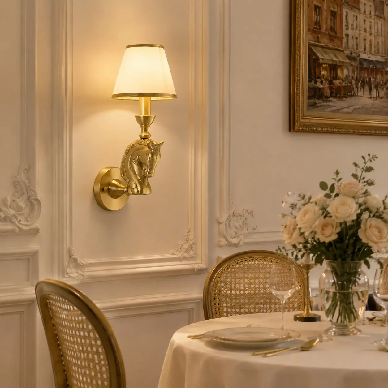 Horse wall lamp in an elegant dining room