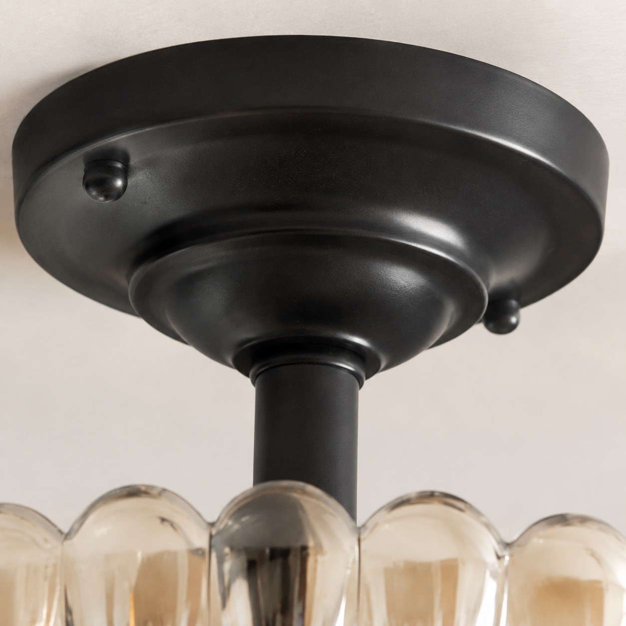 Dark iron ceiling canopy and stem detail