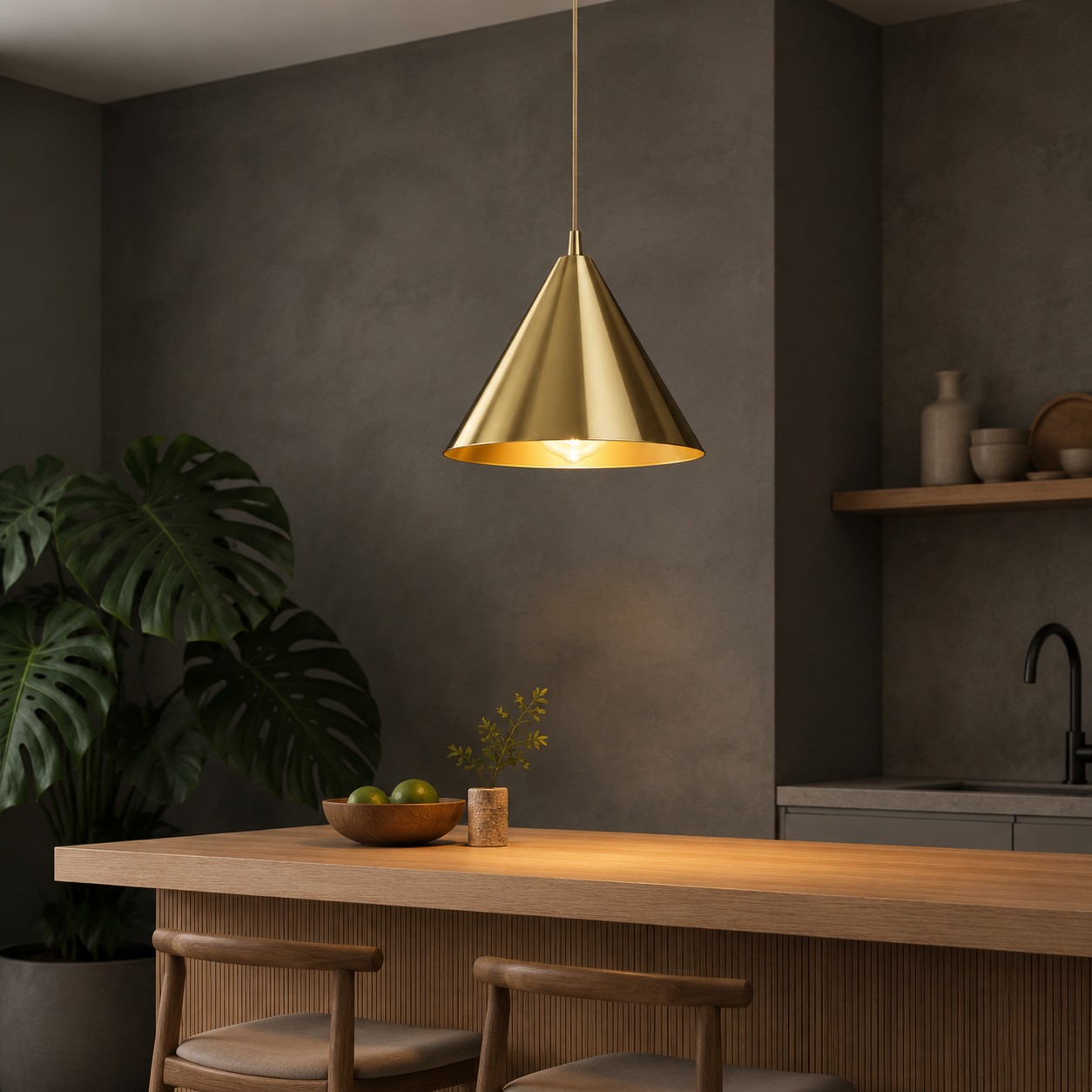 Bright brass pendant light over a kitchen island