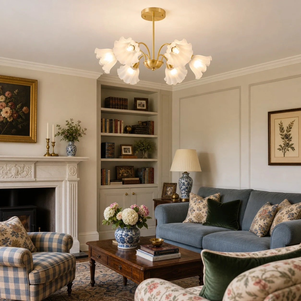 Six-arm floral glass chandelier installed in a traditional living room