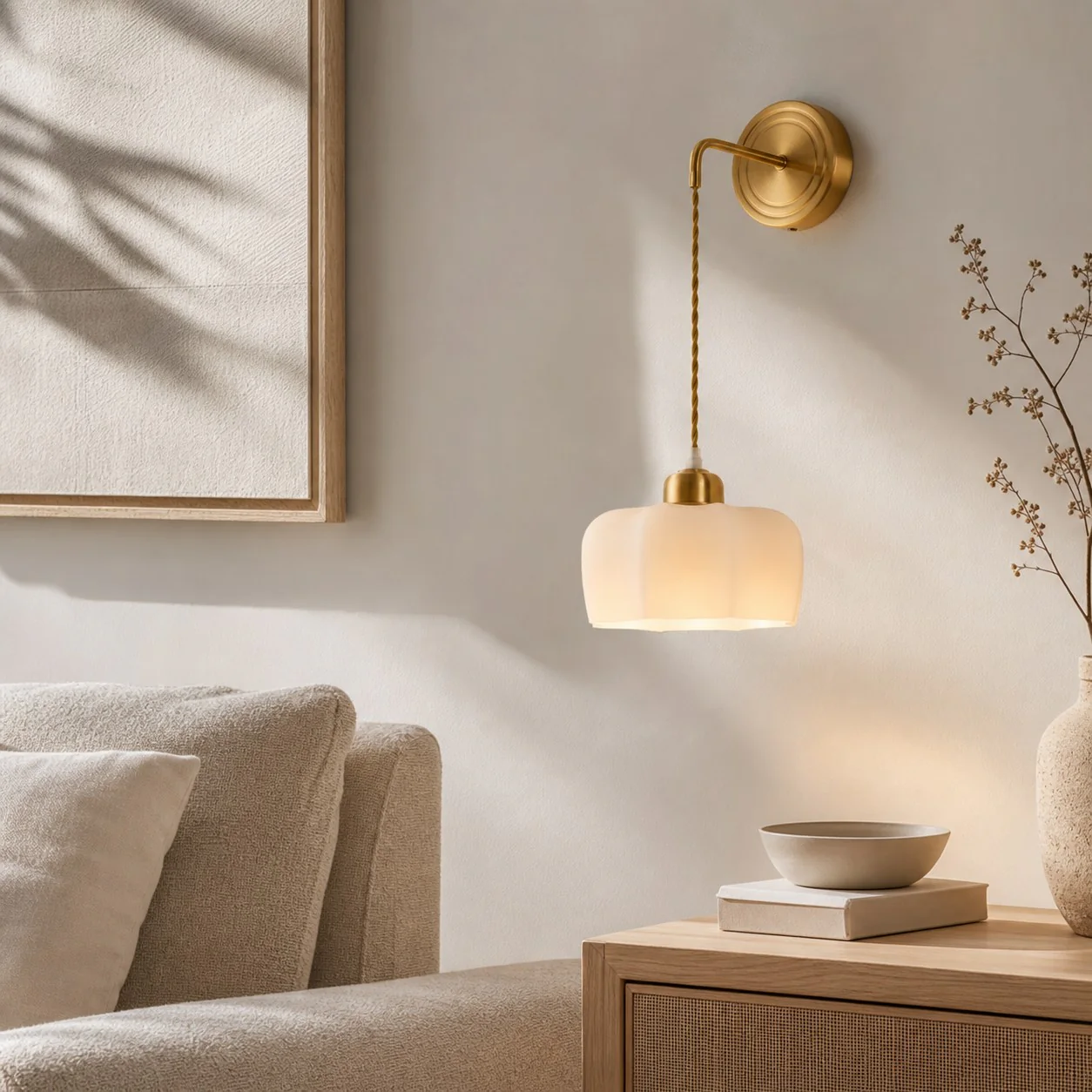 Scalloped shade wall sconce installed in a living room
