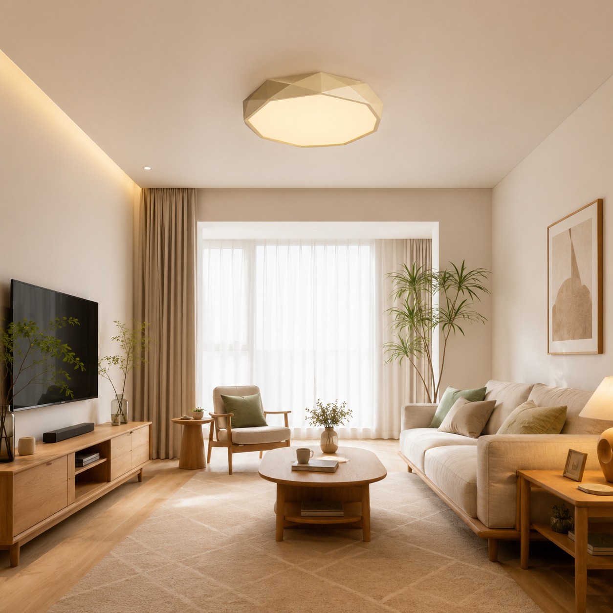 Gold polygon ceiling light above a warm modern living room