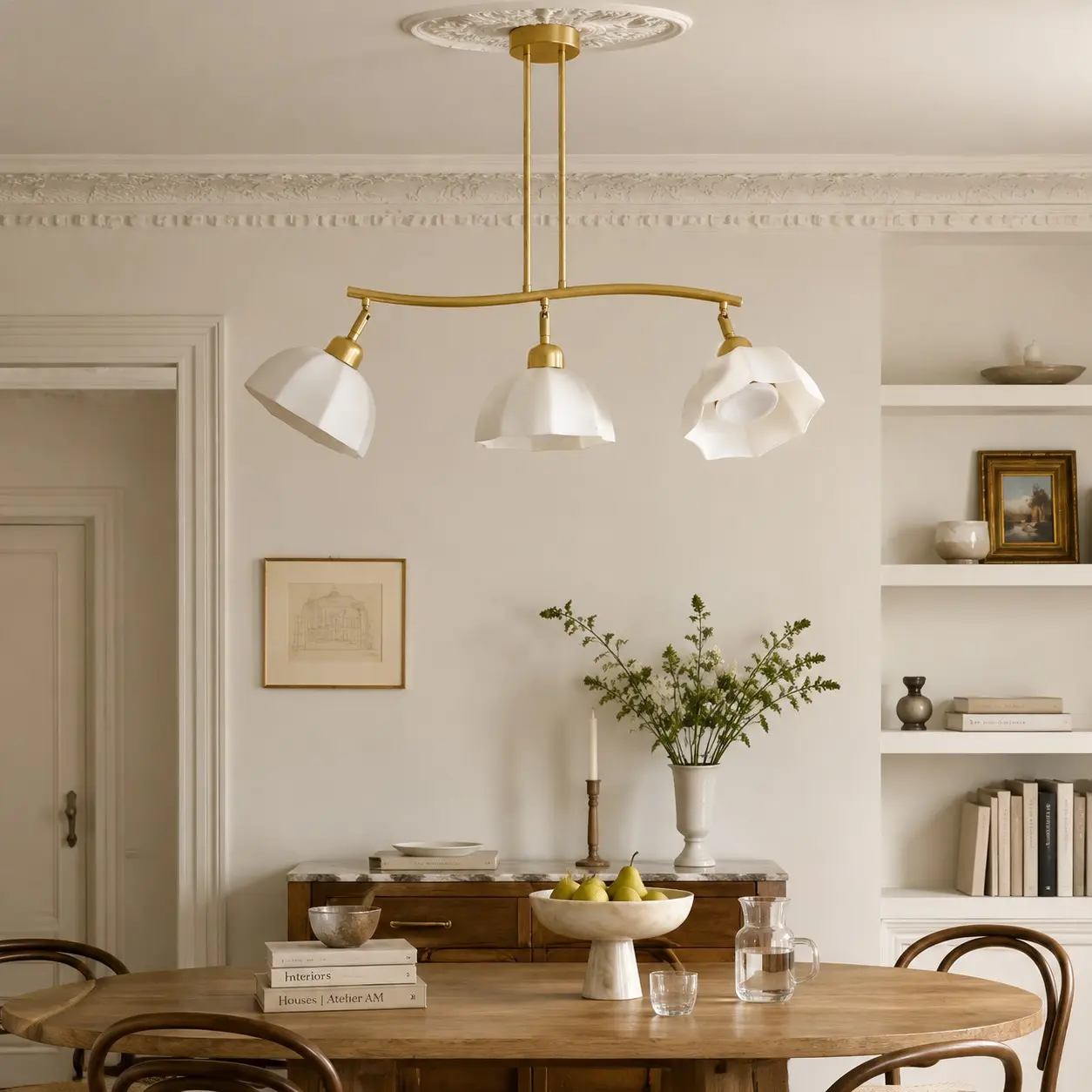 Modern three-light chandelier styled in a warm interior
