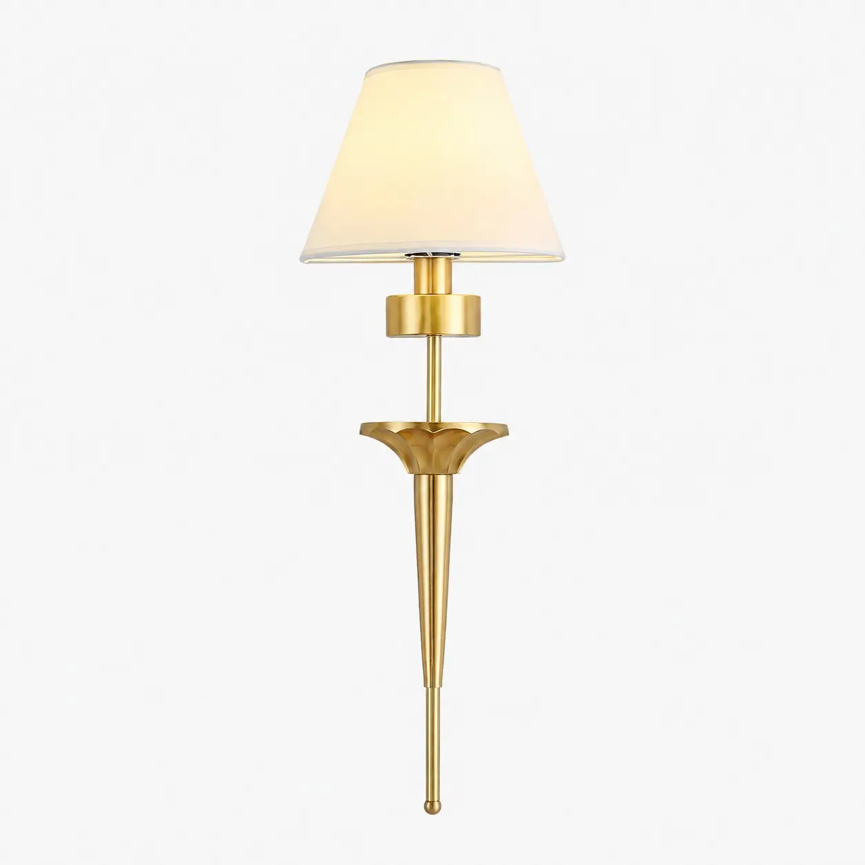 Brass wall sconce with white fabric shade