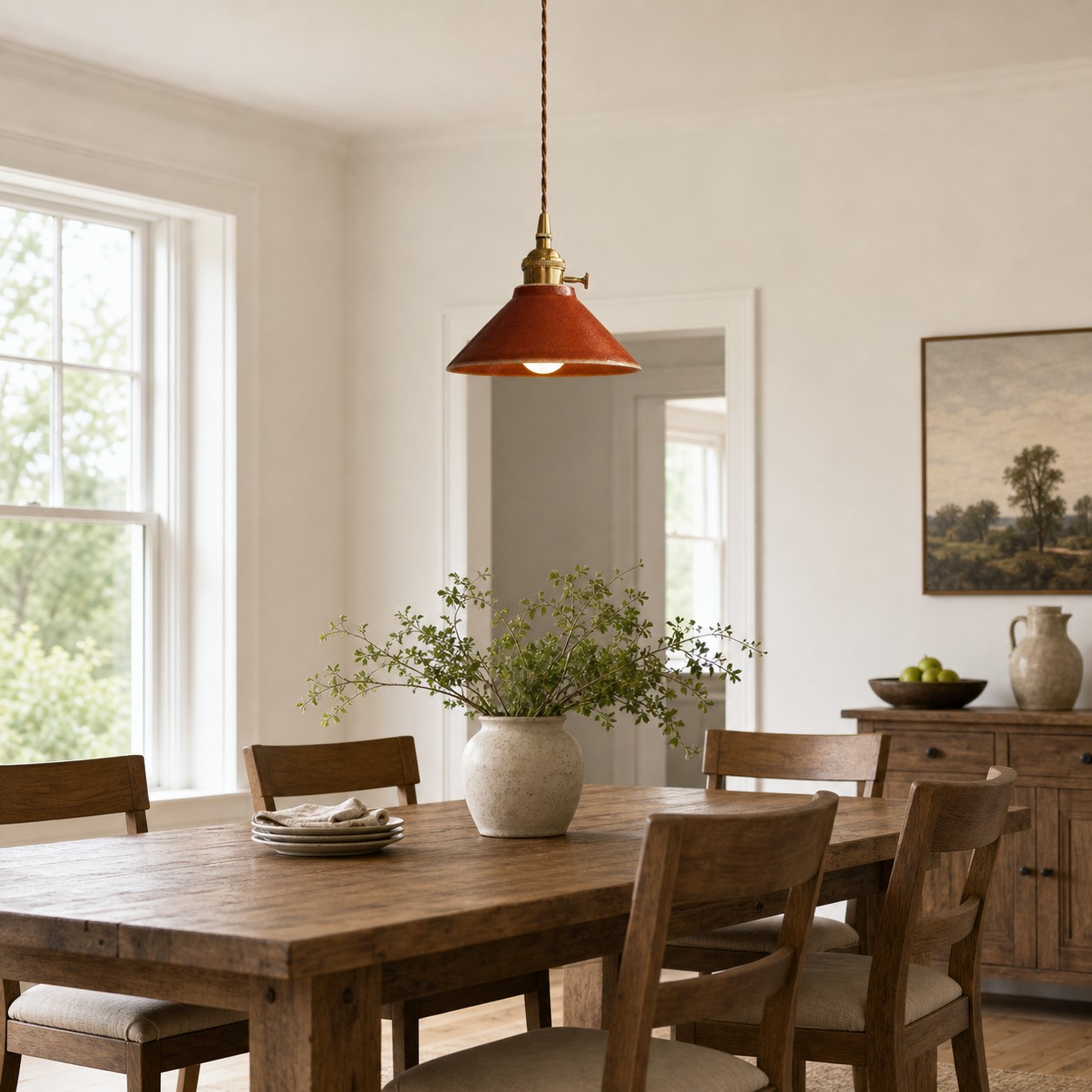 Glazed ceramic pendant installed above a light wood dining table