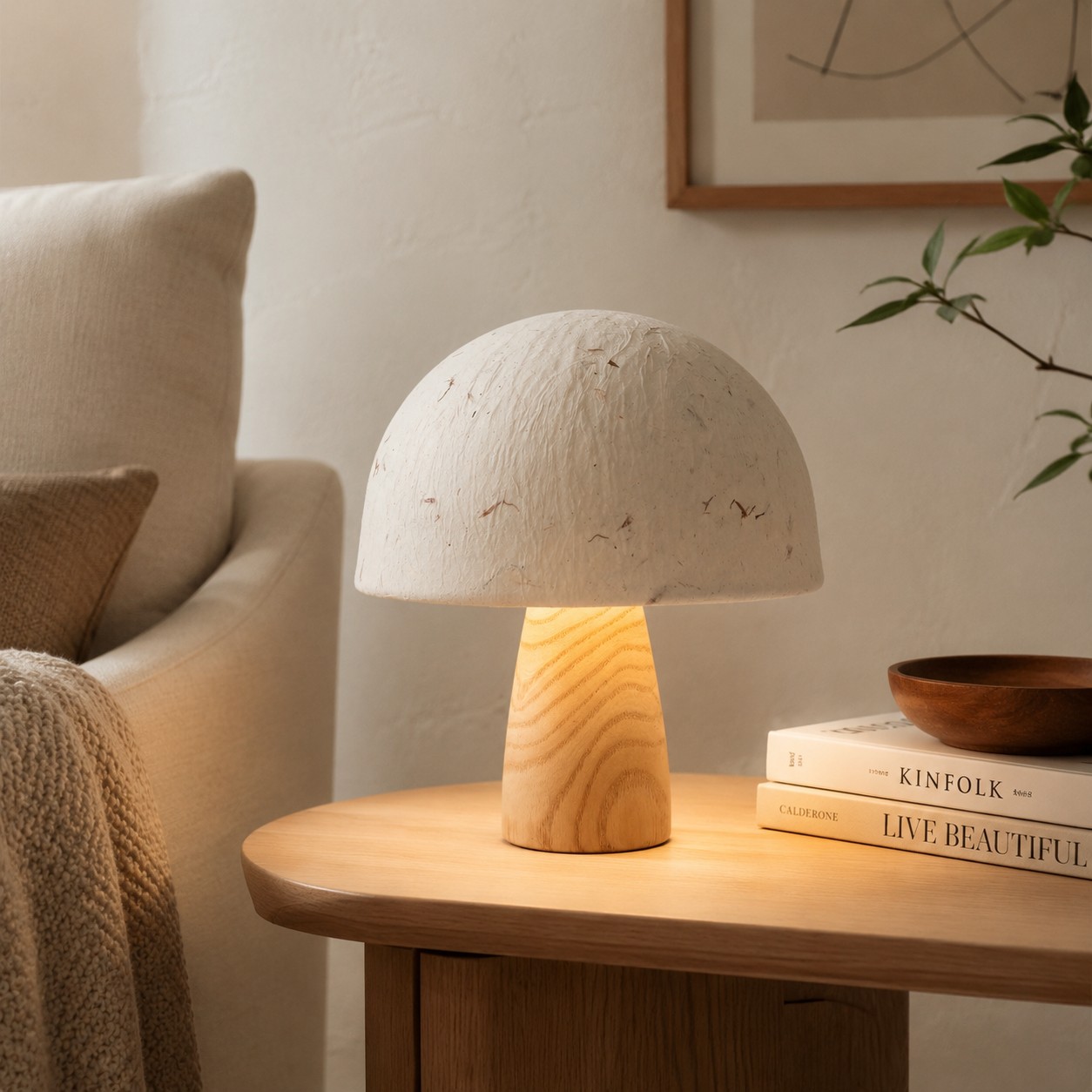 Mushroom table lamp beside a sofa and stacked books