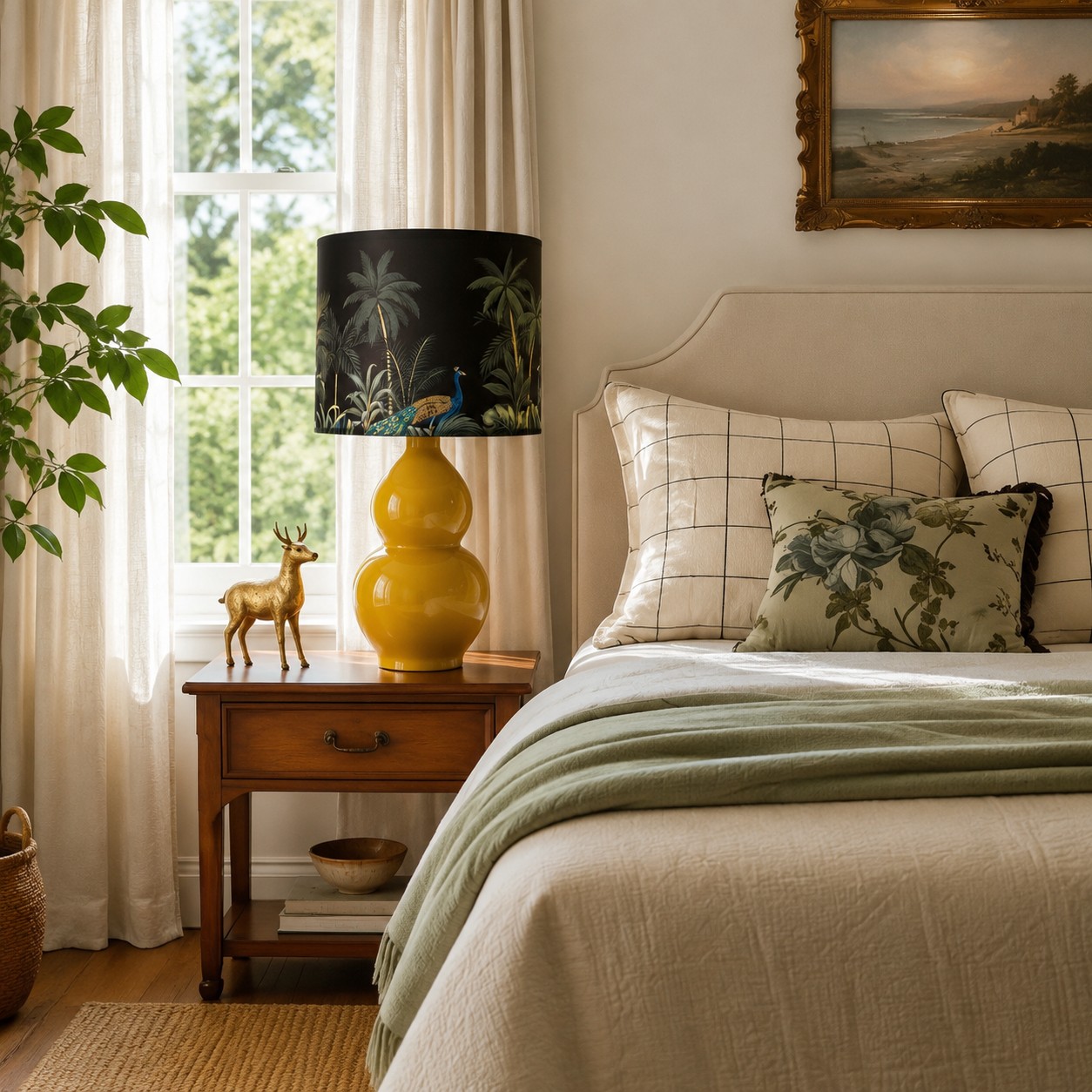 Rounded Gold ceramic table lamp beside a bed