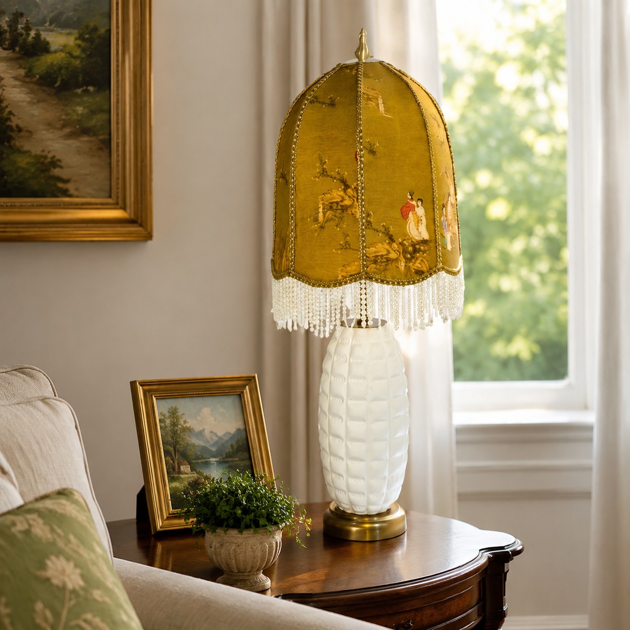 Vintage chinoiserie ceramic table lamp styled beside a living room chair