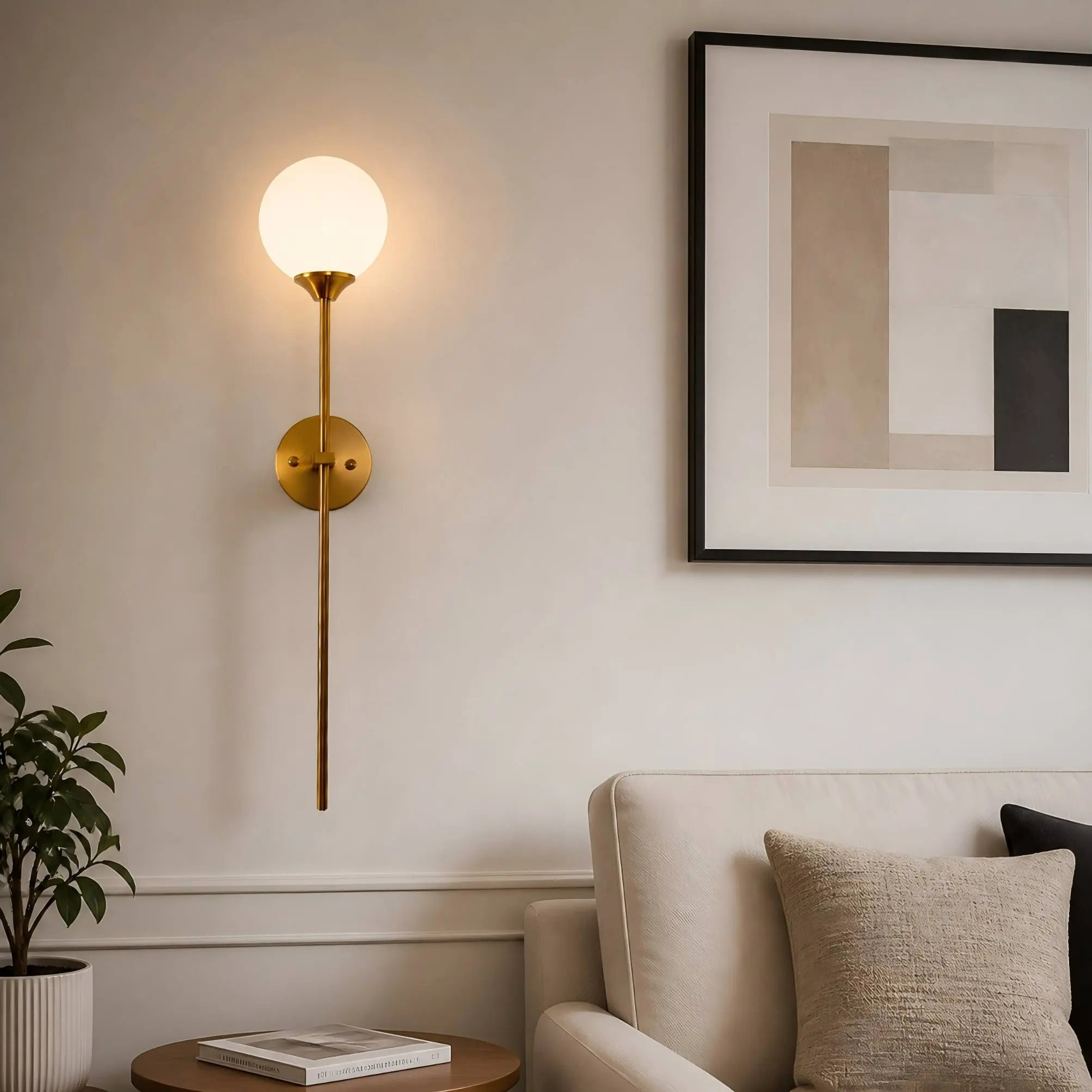 Gold wall sconce in a contemporary living room