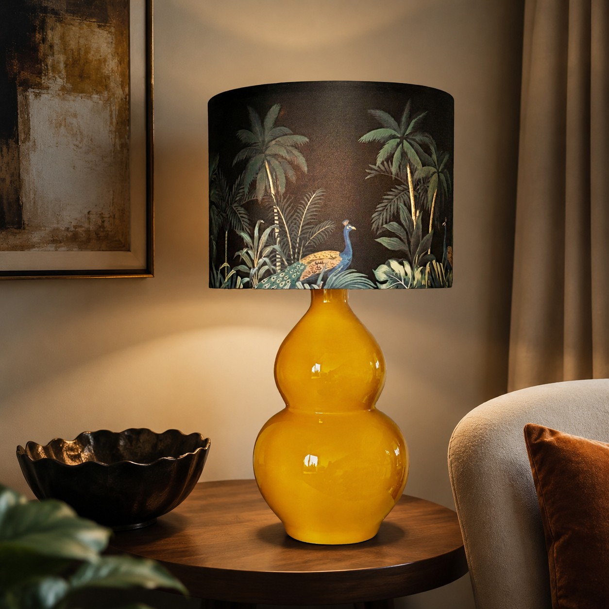 Rounded Gold ceramic table lamp in a lounge setting