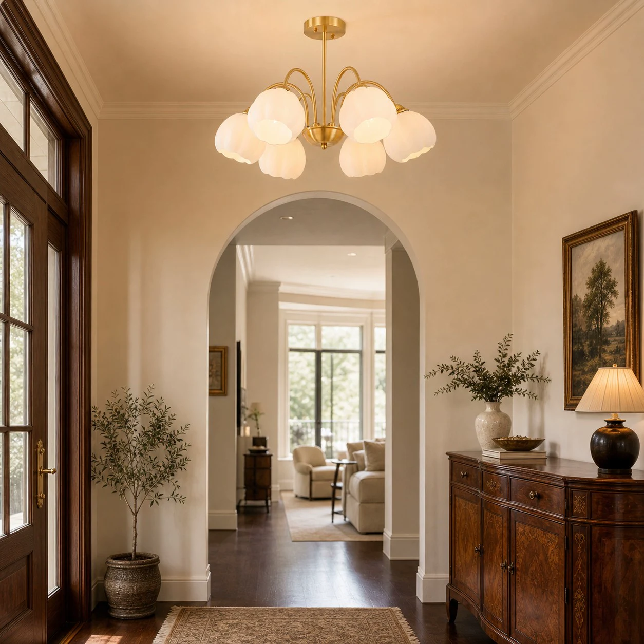 Six-arm chandelier in an entryway
