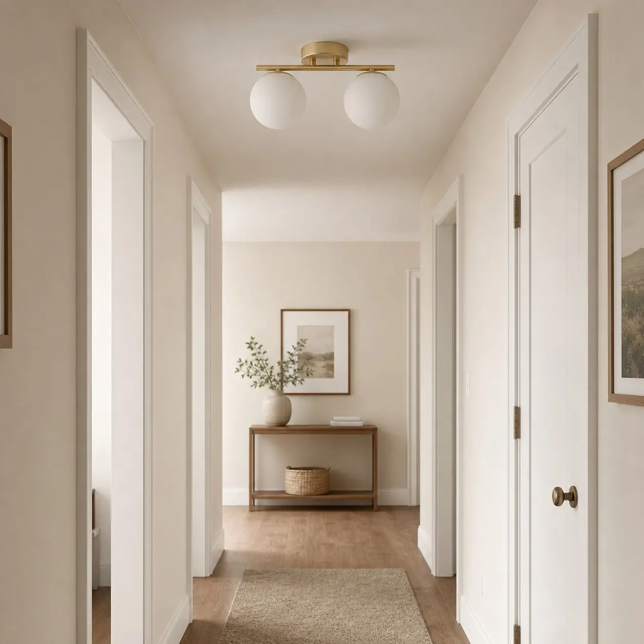 Gold milk glass ceiling light installed in a hallway