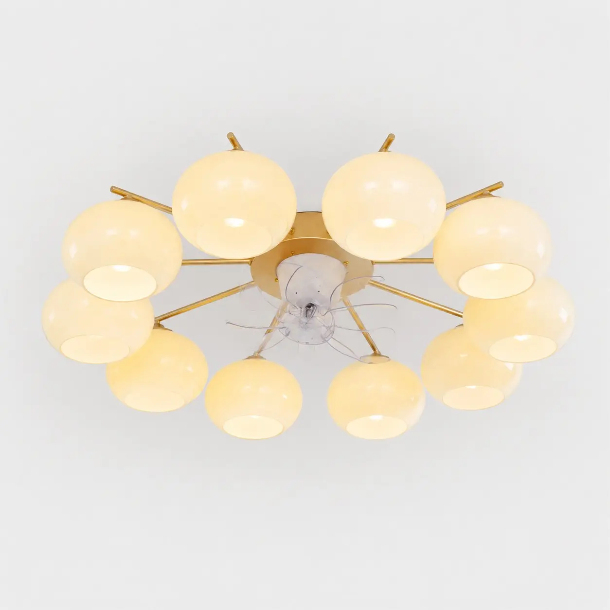 10-light modern gold ceiling fan light with white glass shades