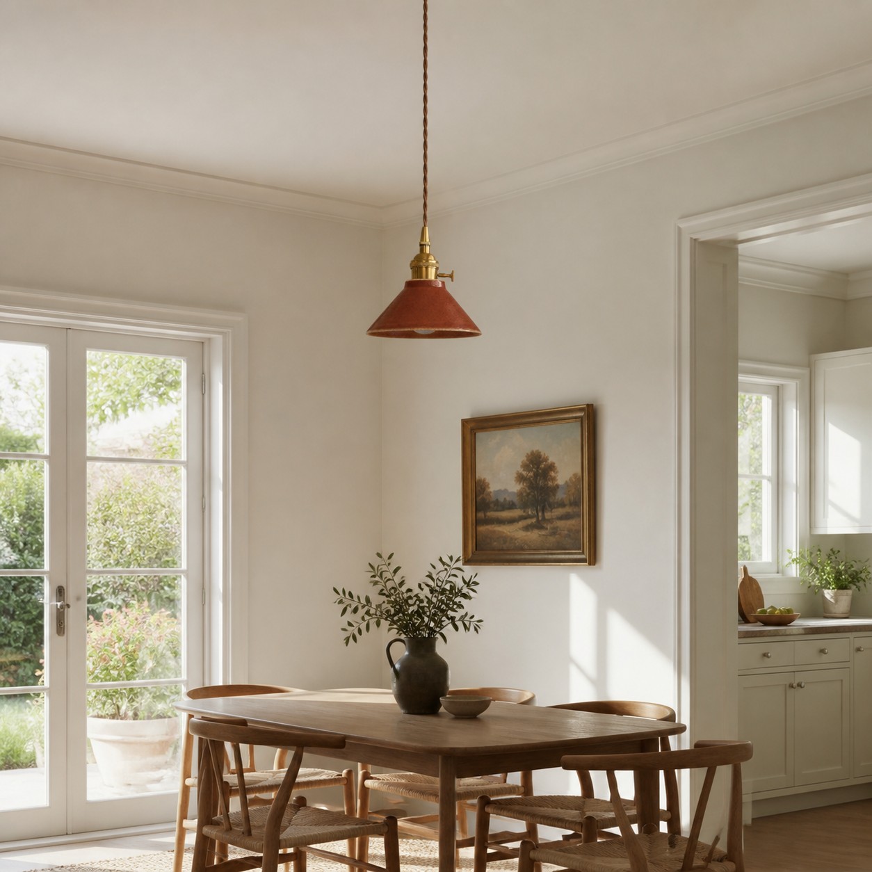 Wide dining room view showing the ceramic pendant installation scale