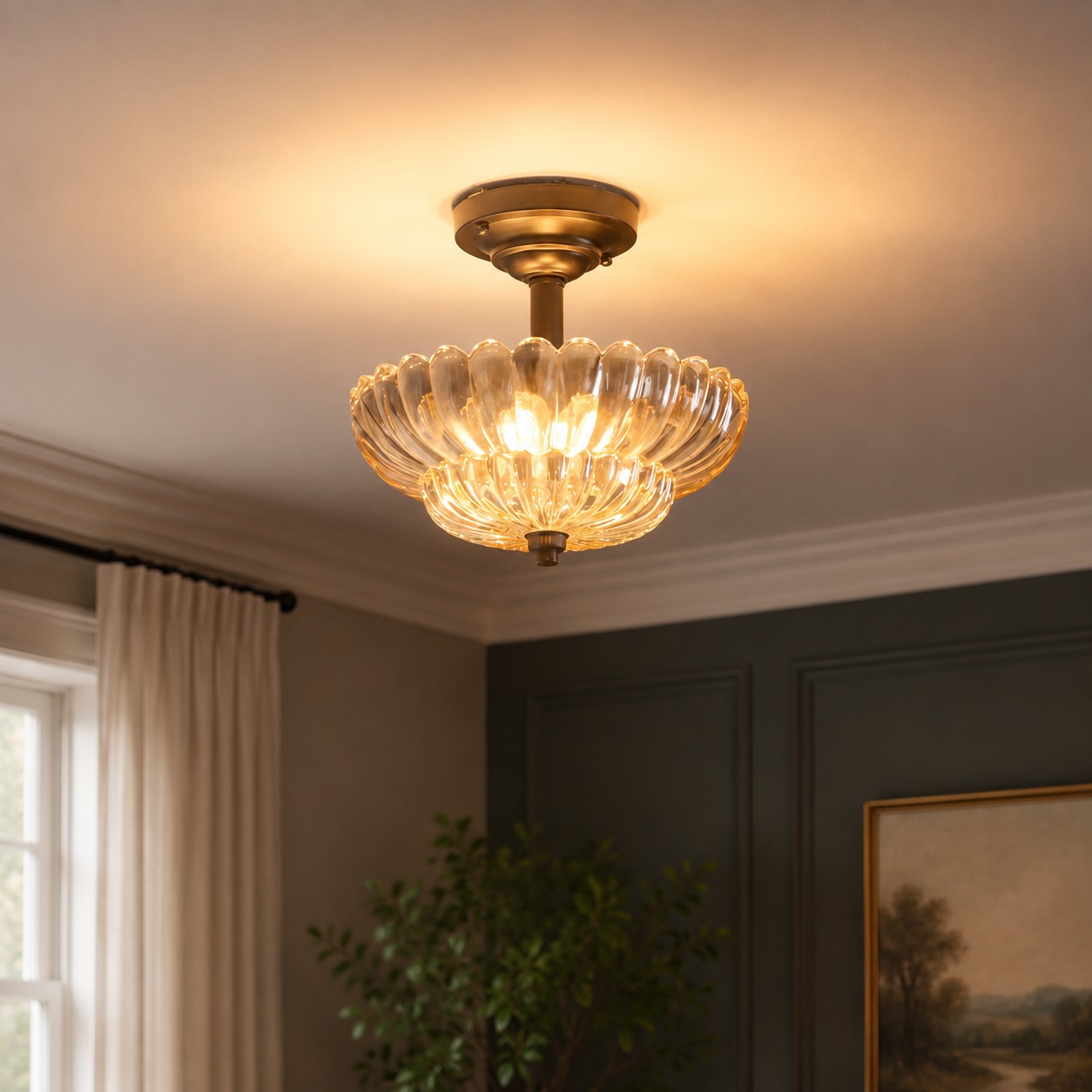 Fluted glass ceiling fixture glowing in a dark paneled room