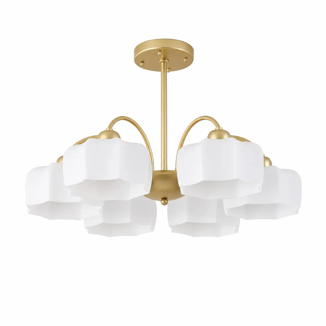 Gold and white 6-light chandelier on a white background