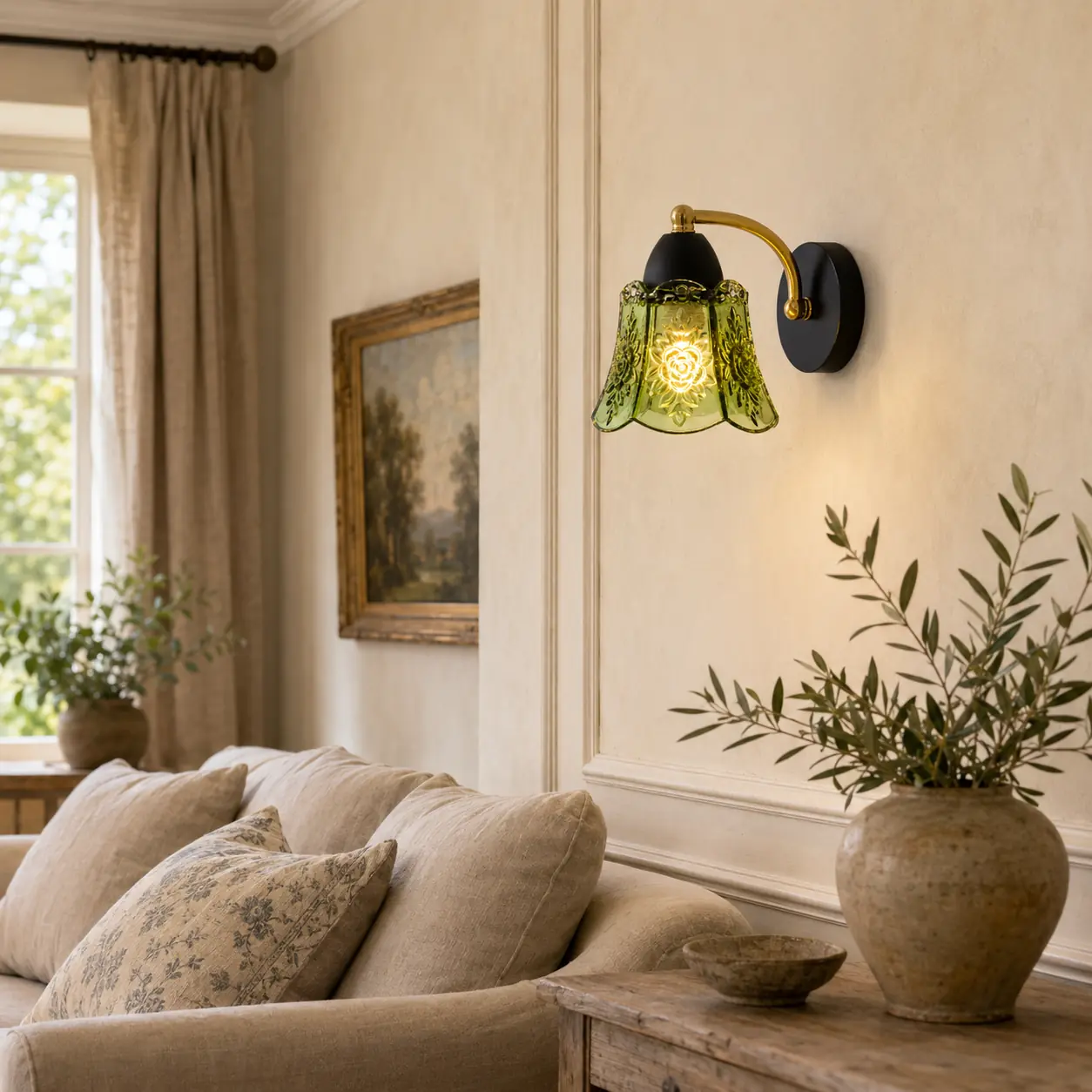 Green glass wall lamp in a French country living room