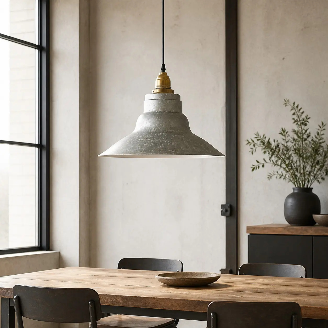 Vintage industrial pendant lamp above a dining table