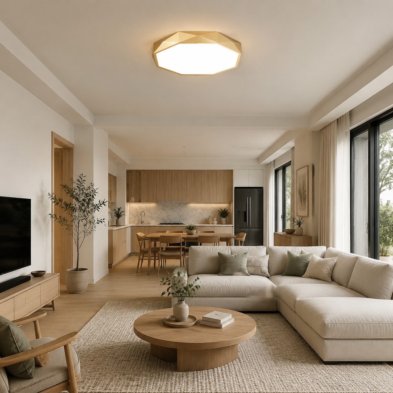 Gold geometric ceiling light in an open living and dining room