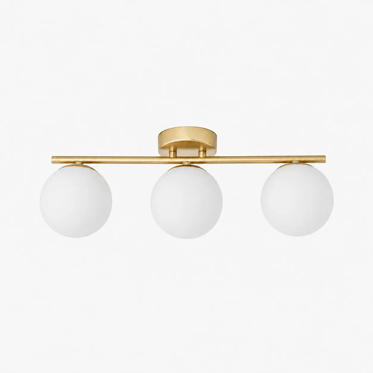 Gold three-light ceiling light with milk glass shades