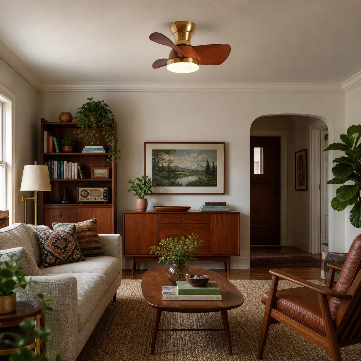 Natural copper ceiling fan light in a warm living room