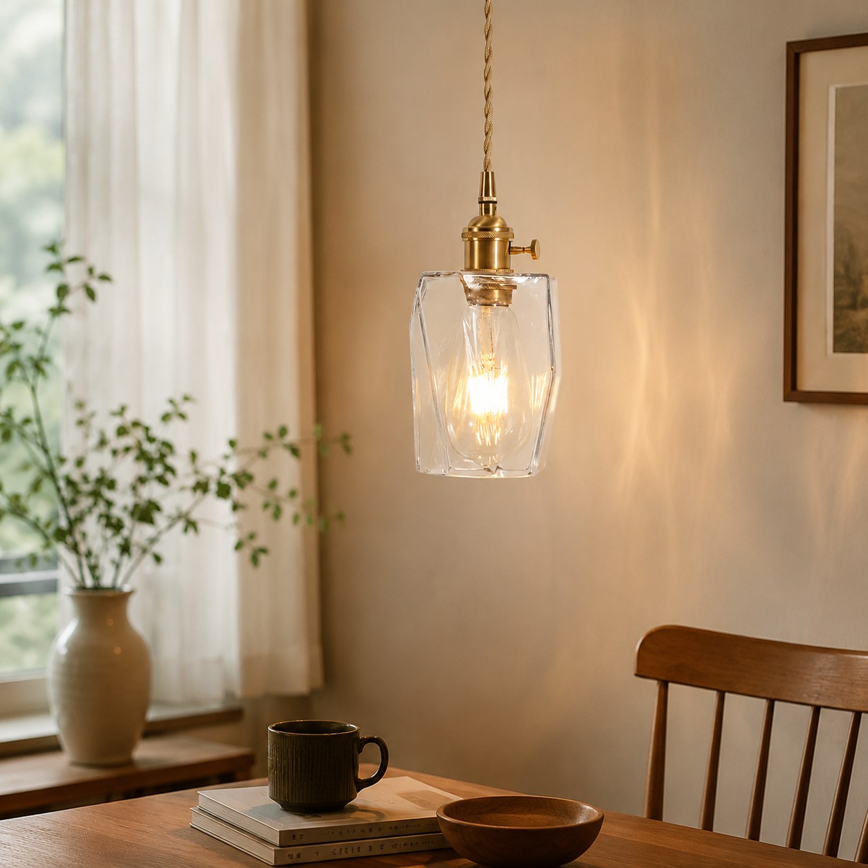 Style X open-frame clear glass pendant in a warm interior corner