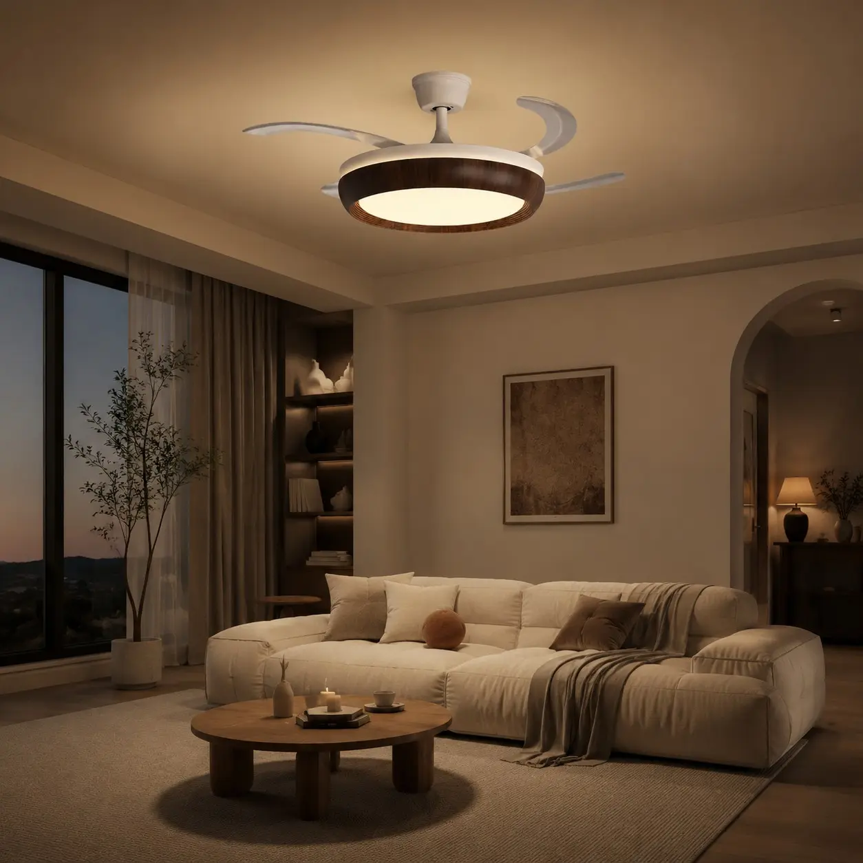 Walnut-tone ceiling fan light in a warm living room
