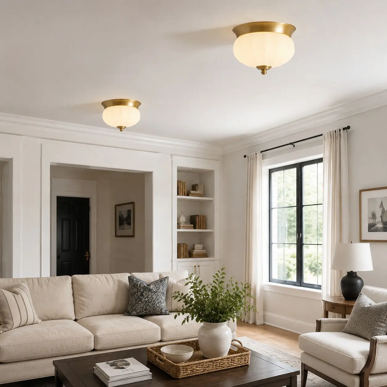 Pair of compact brass ceiling lights in a living room