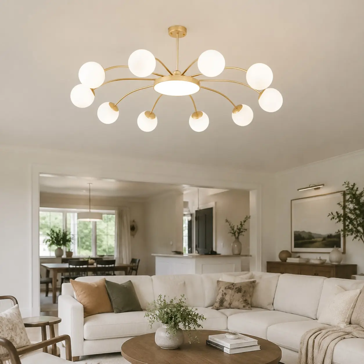 Gold ten-light chandelier in an open-plan room