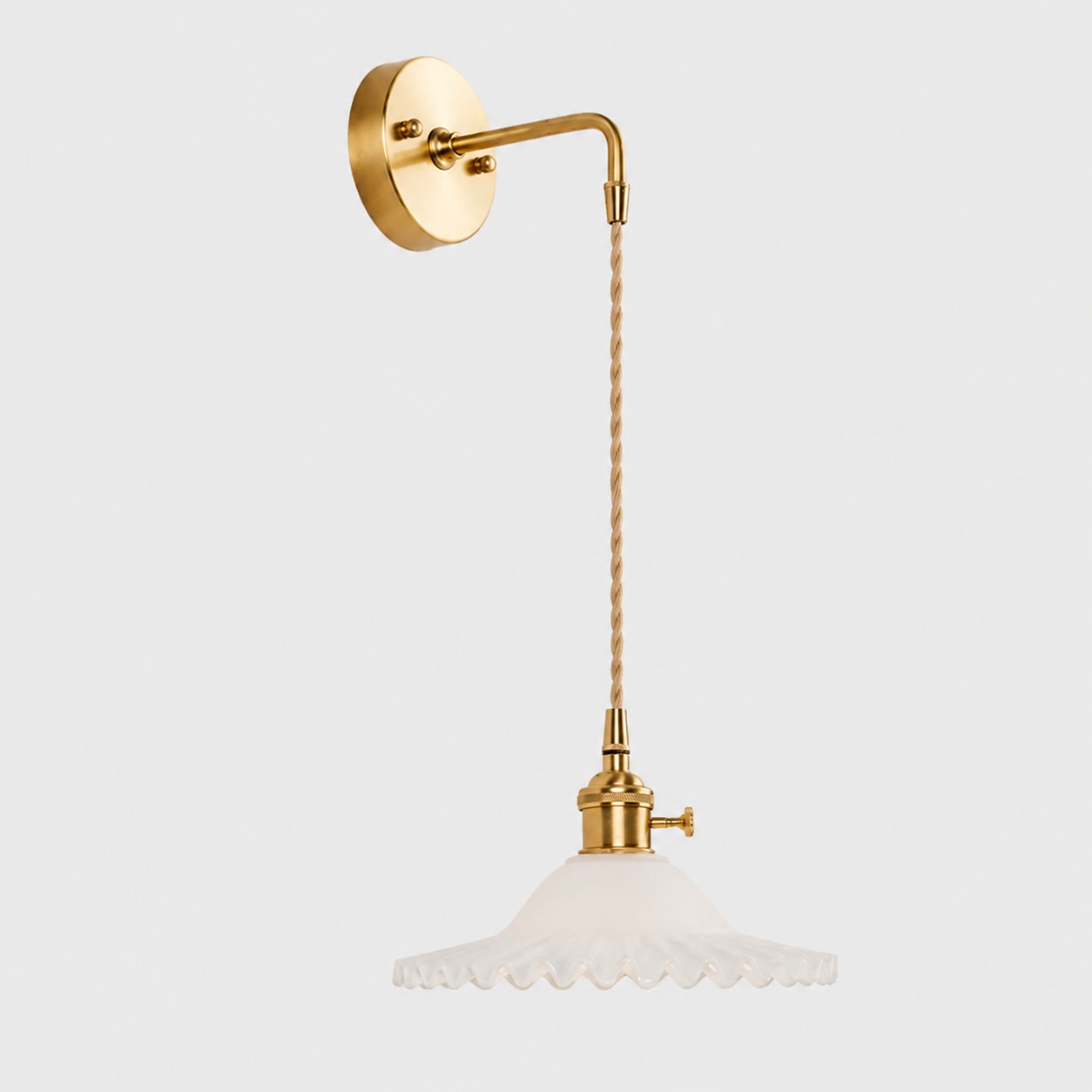 Porcelain white glass wall light with brass arm, 912BW shade 7 cm high and 22 cm diameter