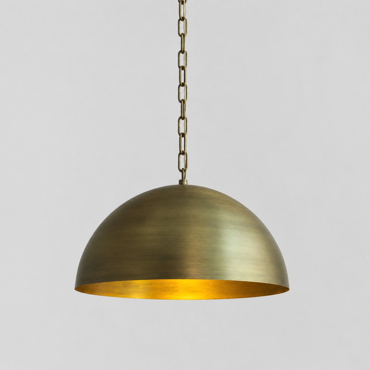 Aged brass half dome pendant with chain suspension 40 cm