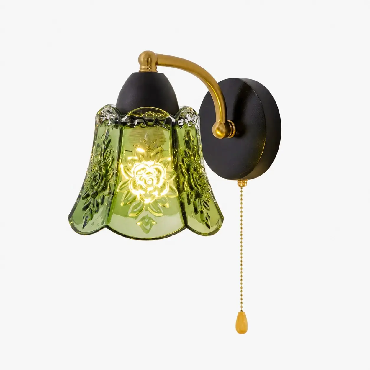 Vintage green glass wall lamp with pull-cord switch