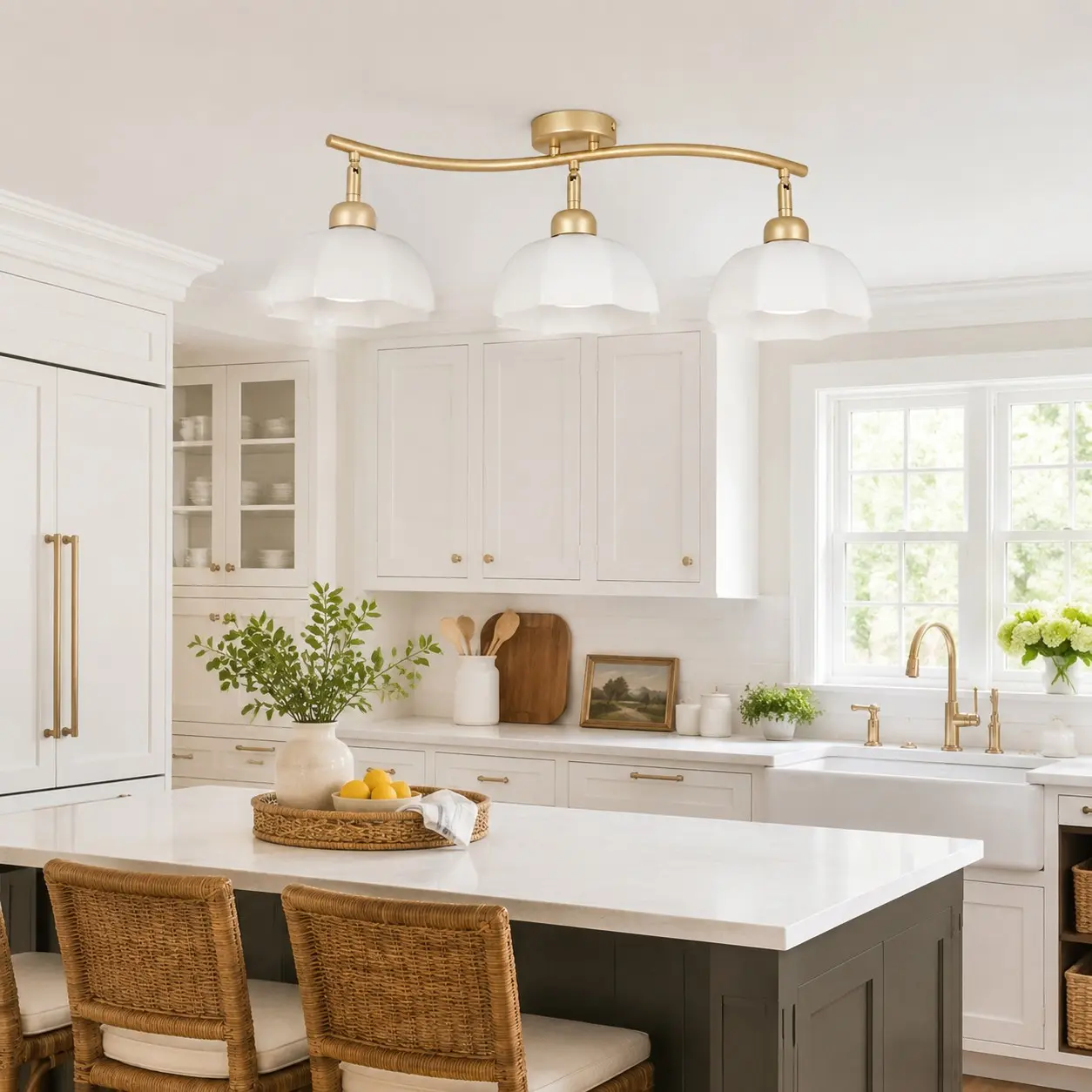 Gold 3-light ceiling fixture in a white kitchen