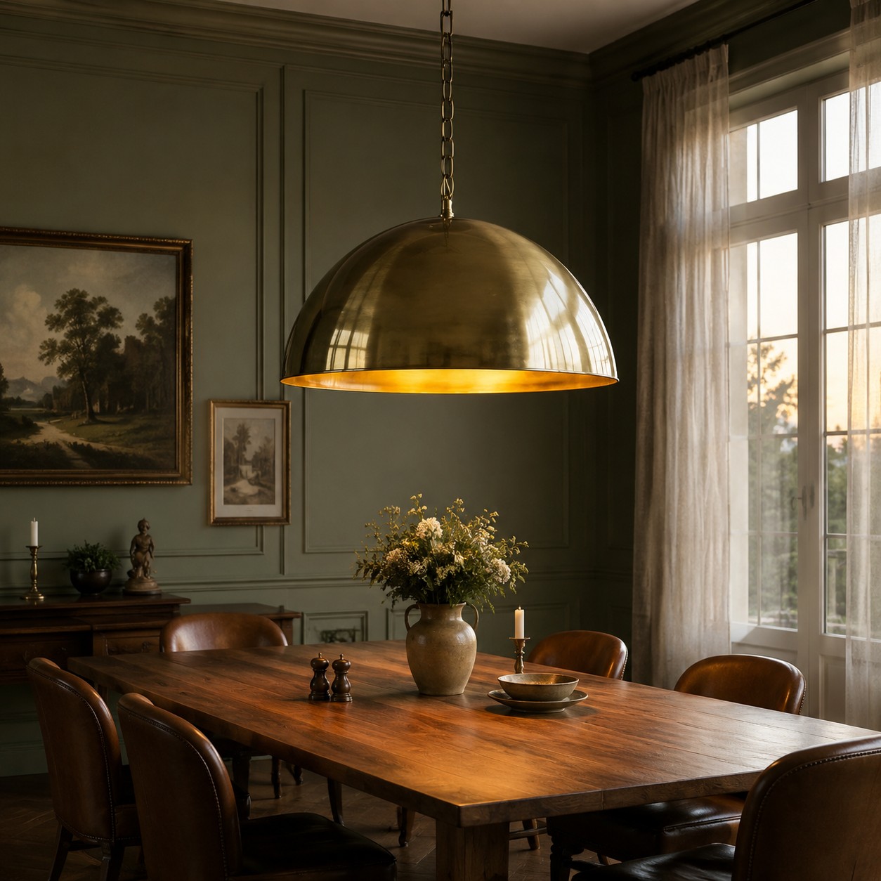 Large aged brass dome pendant light with chain suspension