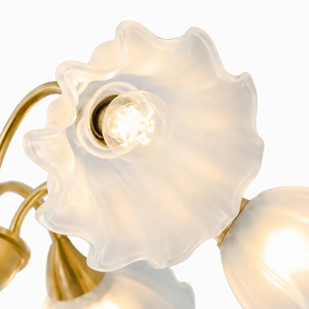 Close-up of a frosted floral glass shade and E27 socket