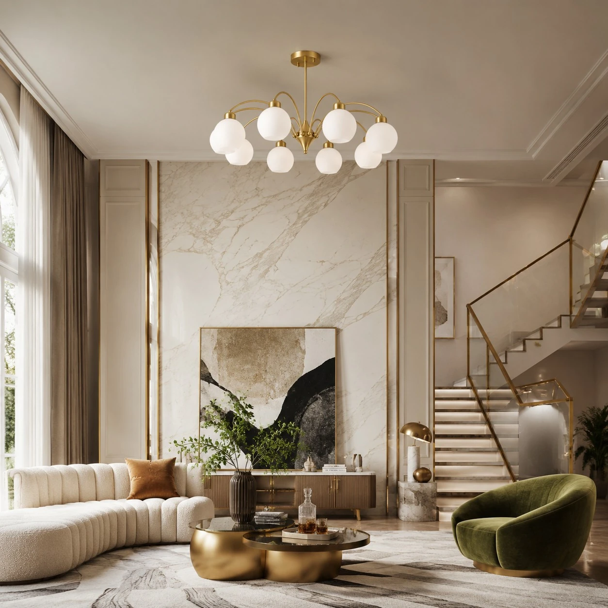 Glass globe chandelier above a marble living area